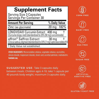 BRAINMD Dr Amen Happy Saffron Plus - 90 Capsules - with Saffron Flower Extract, Curcumin & Zinc - Vegan, Gluten Free - 30 Servings